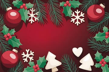 christmas background with holly and berries Merry Christmas and Happy Holidays greeting card, frame, banner. New Year. Noel. Red and white Christmas decorations and g top view. Winter xmas holiday cel