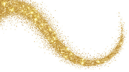 Stunning flowing gold glitter dust trail sweeps across dark background