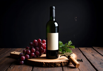 Wine bottle, fresh grapes, corkscrew, wooden board beautifully arranged with green sprig on a dark background