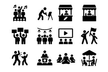 Plaza Events Icon Set. Plaza events. Solid icon set of Plaza events: music concert, street artist, food market, craft fair, protest, festival lights, open air
