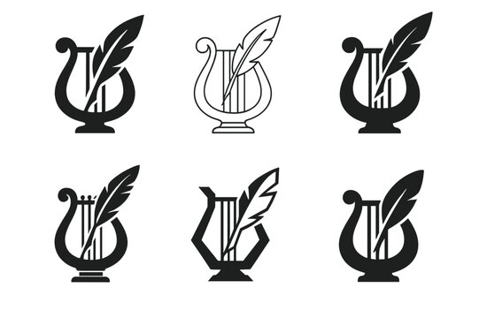 Poetic Emblem Variations. Poetic expression. Icon set. Set Logo of poetic expression: lyre entwined with a writing quill. harmonious logo variations of the