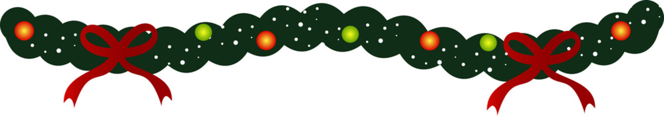 Christmas garland with red bows and colorful ornaments on white background