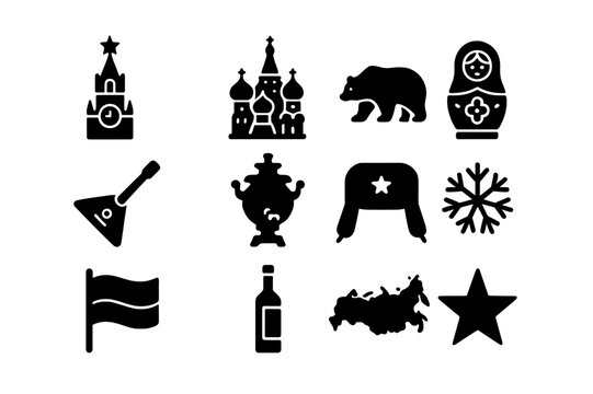 Icons of Russia. Russia. Solid icon set of Russia: Kremlin tower, Saint Basil?s Cathedral, bear, matryoshka doll, balalaika, samovar, fur hat, snowflake, flag,