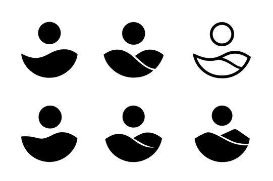 Shifting Sands Logos. Shifting Sands. Icon set. Set Logo of Shifting Sands: crescent dune crest under a sun disk. harmonious logo variations of the same
