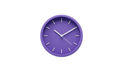Purple clock with white hands on a transparent background, time concept,  a modern purple clock, perfect for illustrating time, deadlines, or schedules