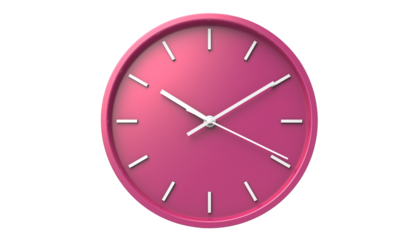 Pink wall clock showing the time, isolated on a transparent background, A modern pink clock with white hands shows the time, perfect for time management concepts or business presentations