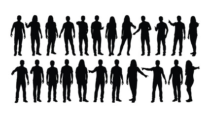 Diverse group of people silhouettes pointing and standing isolated on white background, Vector