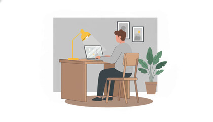 Fototapeta premium Man working on a laptop at a home office desk. Remote work and freelance lifestyle concept. Flat design vector illustration