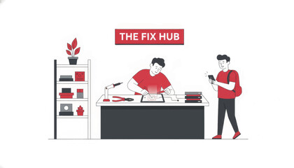 Technician fixing a tablet in an electronics repair shop. Customer service and tech support concept. Minimalist flat design vector illustration