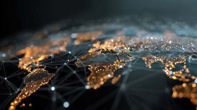 Global Network Illumination: This captivating image portrays a vibrant map of the world, meticulously highlighted with glowing lights, intricately connected by a web of network lines.