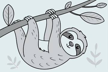 Naklejka premium Minimalist sloth hanging calmly on a tree branch vector illustration