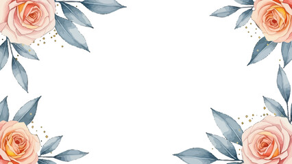 Elegant watercolor floral frame with soft pink roses, blue leaves, and golden accents on a white background, perfect for invitations or decorative borders.