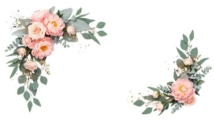Floral corner decorations with pink roses and green eucalyptus leaves on a white background. © Clairo