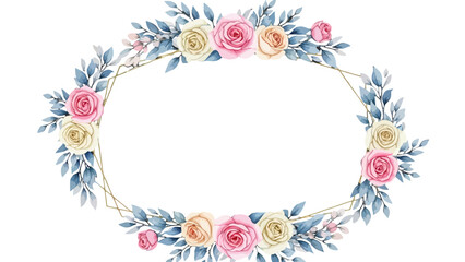 A delicate oval frame adorned with a beautiful arrangement of pink, cream, and peach roses and blue-green foliage.