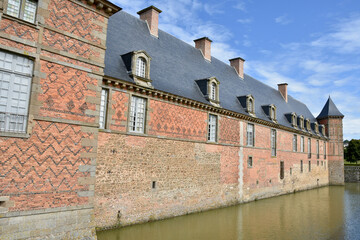 Broad Exterior Detail of Carrouges Castle in Sunlight with Moat, Normandy