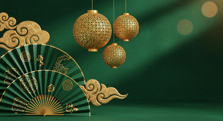 Image of ornate green fan, golden cloud decor, and hanging golden lantern, suggestive of Asian celebration, tradition, and festive atmosphere with free space