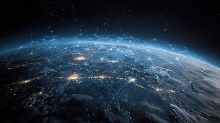 Obraz premium Global Network: A futuristic digital web overlays the earth, symbolizing interconnectedness, technology, and the expanse of our global village.