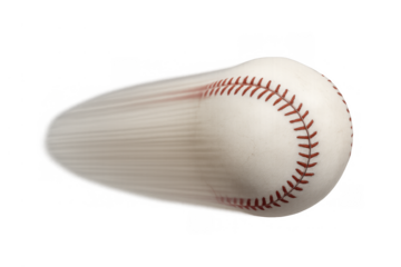 Baseball ball flying through air with speed trail, sport game pitching, motion, competition, and transparent background