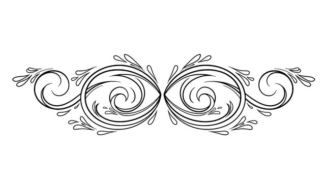 Elegant symmetrical floral design with swirling lines and teardrop accents, black on white.