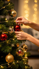 Close-Up Hands Decorating Christmas Tree &mdash; Warm Bokeh, Ultra-Realistic Holiday Interior Detail