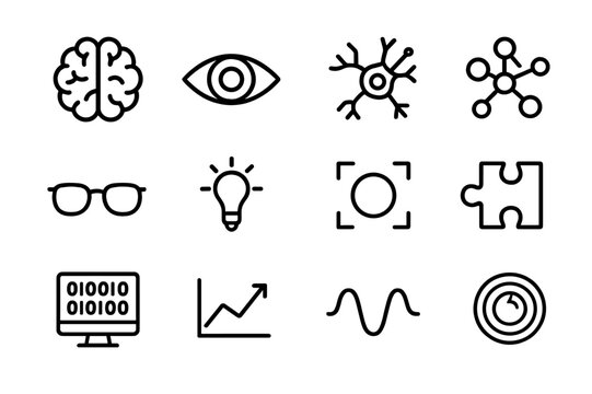 Vision and Cognition Icons. Vision and cognition. Line icon set of vision and cognition: brain, eye, neuron, mind map, glasses, light bulb, focus icon, puzzle