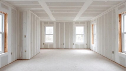 Interior view of an empty room with drywall and windows, ready for renovation or decoration, showcasing architectural potential  4k video footage