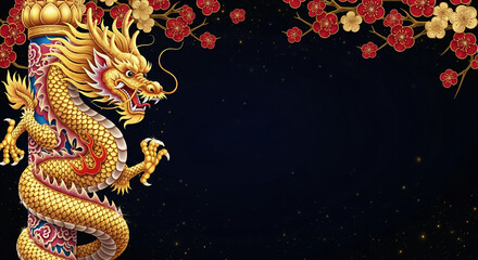 Obraz premium Illustration of golden dragon wrapped around ornate pillar with red blossom, against dark background, representative of Asian culture, power and prosperity