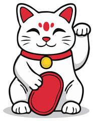 Smiling white lucky cat with raised paw and red collar holding a red oval symbol