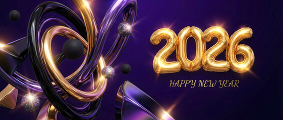 Happy new year 2026 celebration background with gold balloons and abstract shapes design art