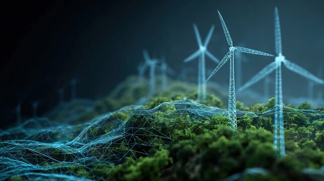 Sustainable Power: Capturing the essence of innovation, this image showcases a landscape dotted with wind turbines, a symbol of sustainable energy, against the backdrop of a digital environment.