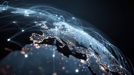 Digital Globe: An abstract image of a digital globe, symbolizing the interconnectedness of global network. Illuminated cities and continents shimmer.