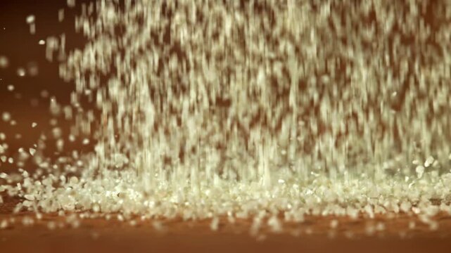 Semolina falls on a wooden table. Filmed on a high-speed camera at 1000 fps. High quality FullHD footage