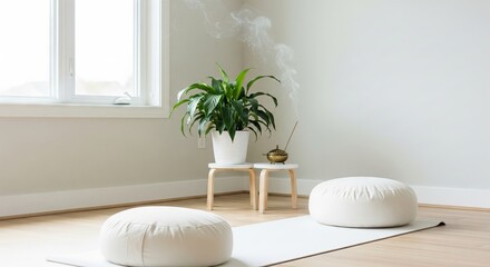 Trendy white color 2026 year. White yoga mat with meditation cushion and houseplant with burning incense. Minimalist home studio for relaxation and spiritual practice.