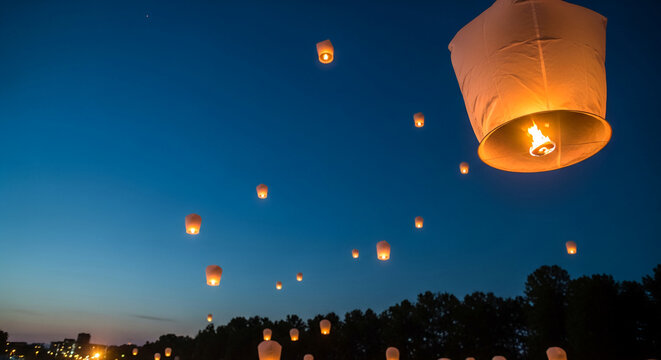Image shows paper lanterns floating in a dark blue sky, creating a festive and celebratory mood, representing wishes, dreams and collective hope