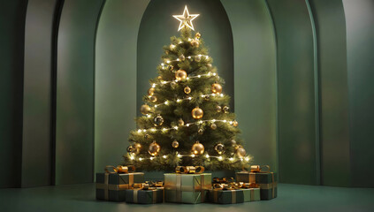 Christmas tree with gifts holiday season festive decor celebration winter xmas ornaments and lights