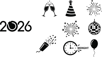 Fototapeta premium 2026 New Year's Eve celebration icons in black and white