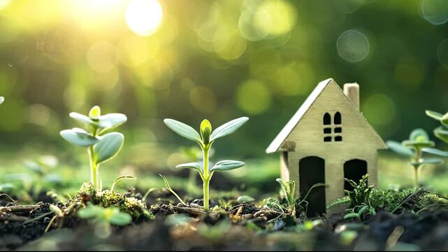 Close-up of a small wooden house model and green saplings growing in soil with a sunlit blurry green background