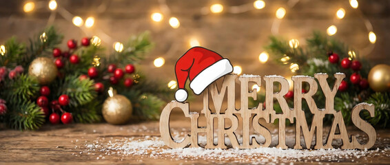 Merry christmas holiday background with santa hat and christmas decorations on wooden table decor festive
