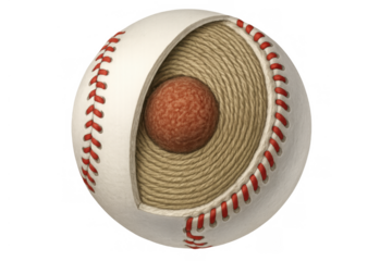 Baseball with cutaway view revealing its core construction, showing wound yarn layers and cork center on transparent background
