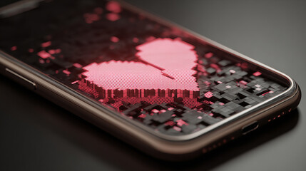 Bright pixel heart on smartphone, dark contrast background, representing dating apps, message affection, and digital wellness design with nostalgic gaming aesthetics