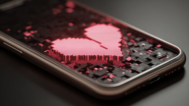 Bright pixel heart on smartphone, dark contrast background, representing dating apps, message affection, and digital wellness design with nostalgic gaming aesthetics