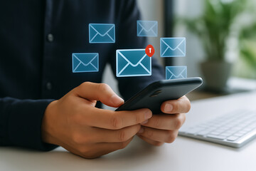 Business person using smartphone with digital email icons and new message notification representing mobile communication concept