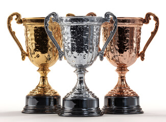 Three shiny trophies (golden, silver and bronze), cut out