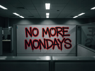 Grey office cubicle with “No More Mondays” graffiti