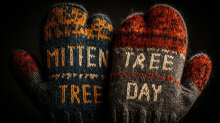 Cozy knitted mittens with “Mitten Tree” and “Tree Day” text, symbolizing winter charity drives, handmade warmth, and community giving on a dark, minimal background