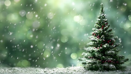 Miniature snowy Christmas tree with red berries on winter snowscape, set against soft green bokeh light background. Seasonal holiday design banner with copy space.