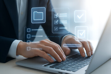 Naklejka premium Business professional completing digital tasks on laptop with glowing checklist icons and document folder representing productivity workflow