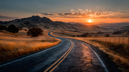 The Road Ahead: A winding asphalt road stretches towards a vibrant sunset, promising adventure and new horizons. The warm glow of the setting sun casts a golden hue on the road ahead.