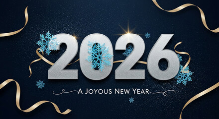 Silver number 2026 with blue snowflake on dark blue speckled background and gold ribbon, representing New Year celebration and festive mood