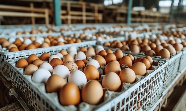 Eggs in Trays Inside Farm Warehouse Waiting Transport to Market Place